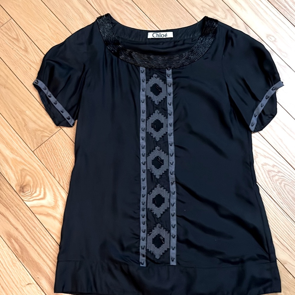 Chloe beaded silk blouse. Slight puff shoulders